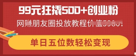 99元狂撬500+创业粉，单日五位数轻松变现，网创朋友圈投放教程-華夏云创